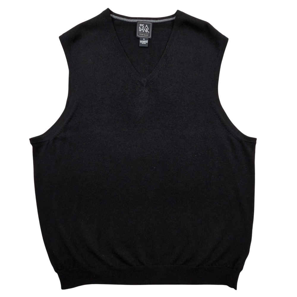 Jos A Bank Traveler Mens XL Black 100% Merino Wool V-Neck Sweater Vest